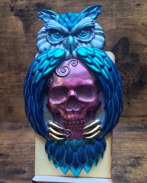 Blue, Pink, Yellow & Silver Owl with Skull