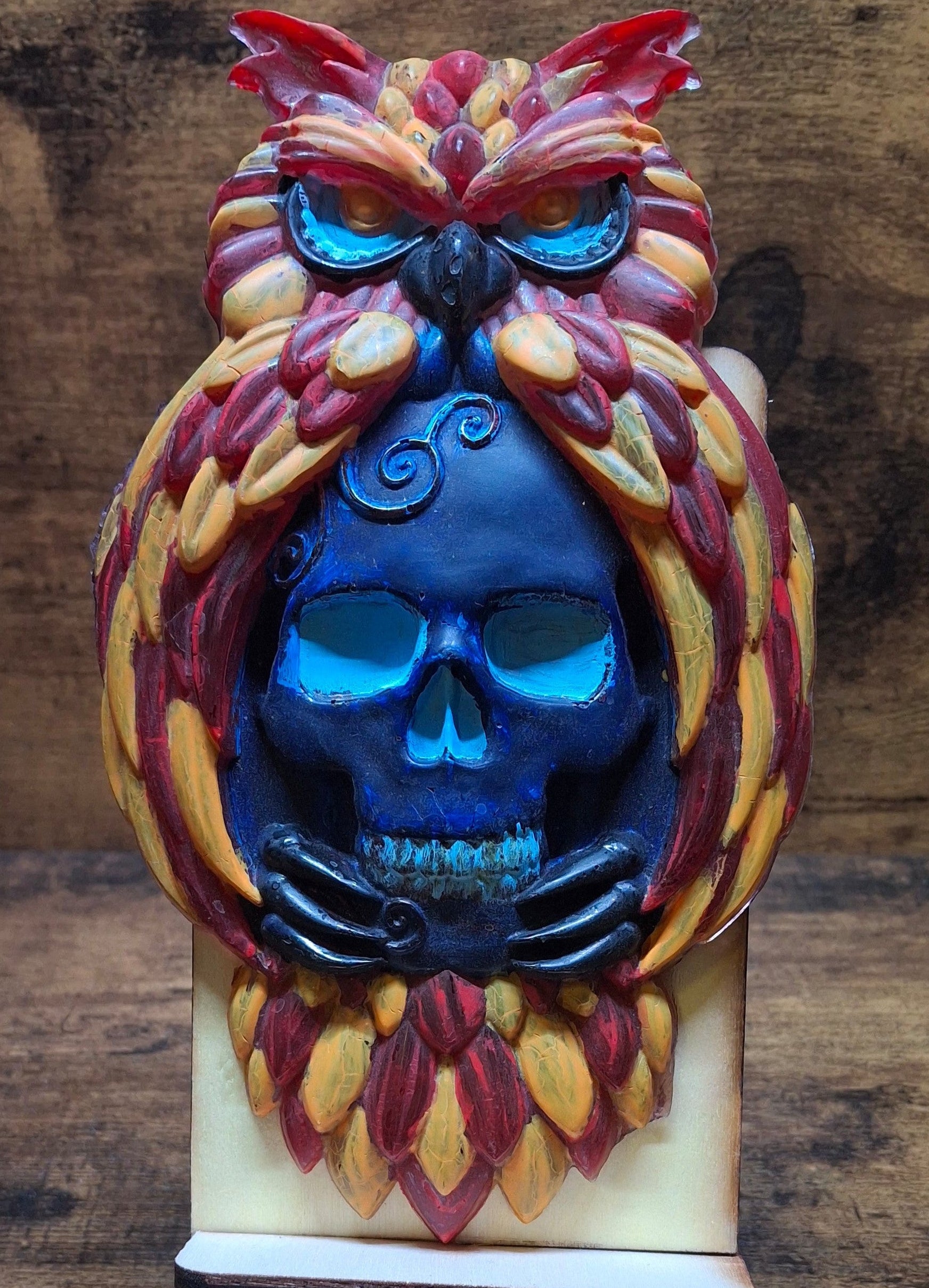 Painted Red, Yellow & Blue Owl with Skull