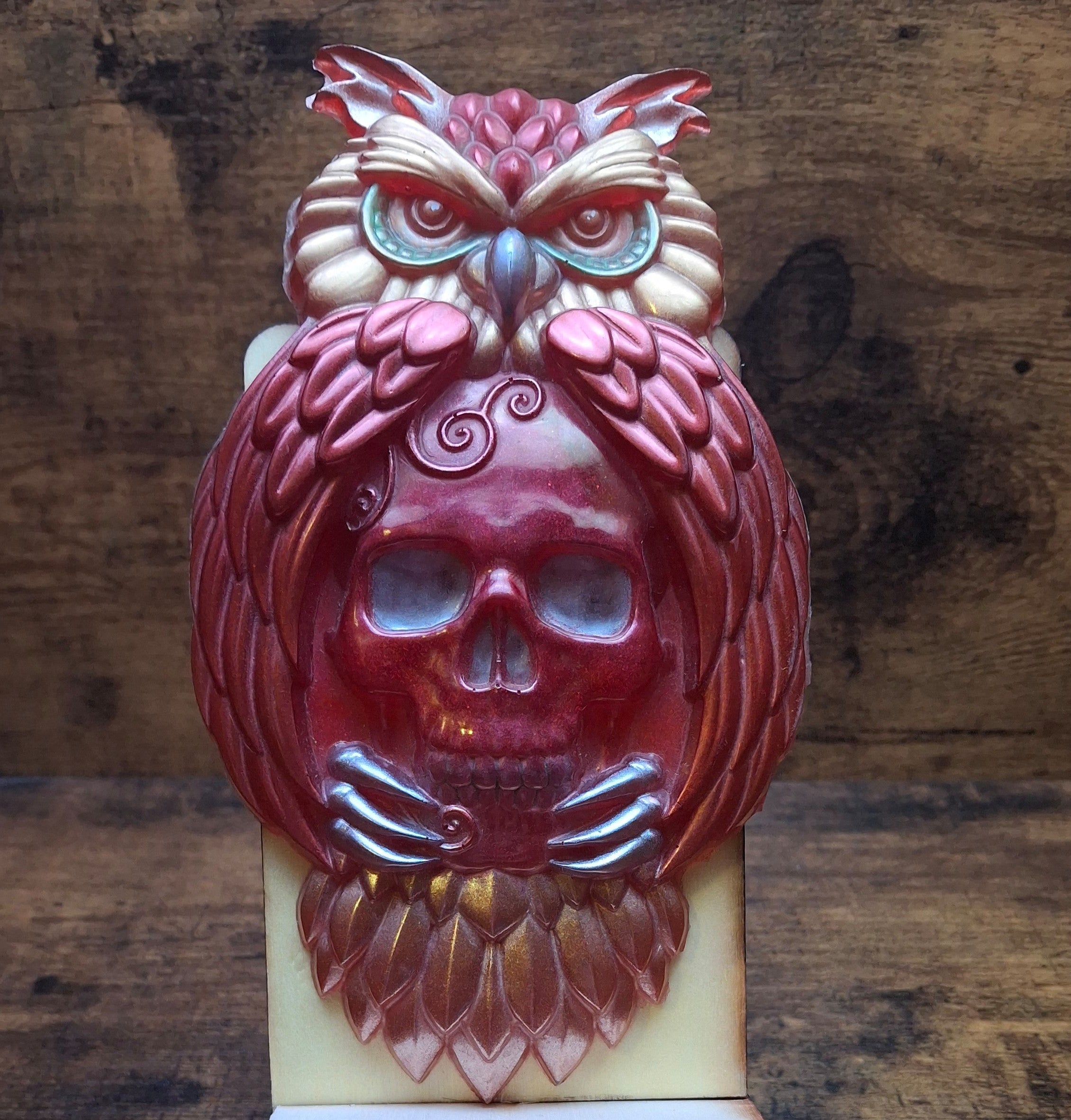 Red, Gold & Yellow Owl with Skull