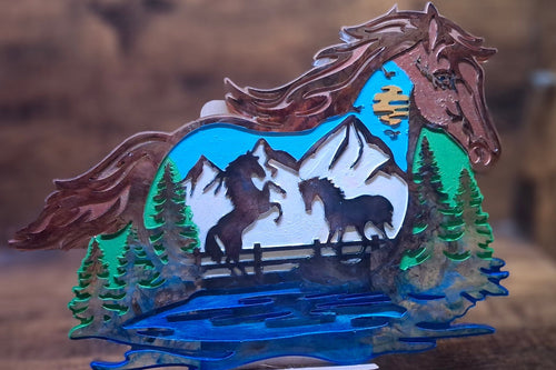 Brown, White, Green & Blue Horse Scene