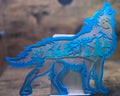 Blue, Green Trees & Gold Wolf Scene