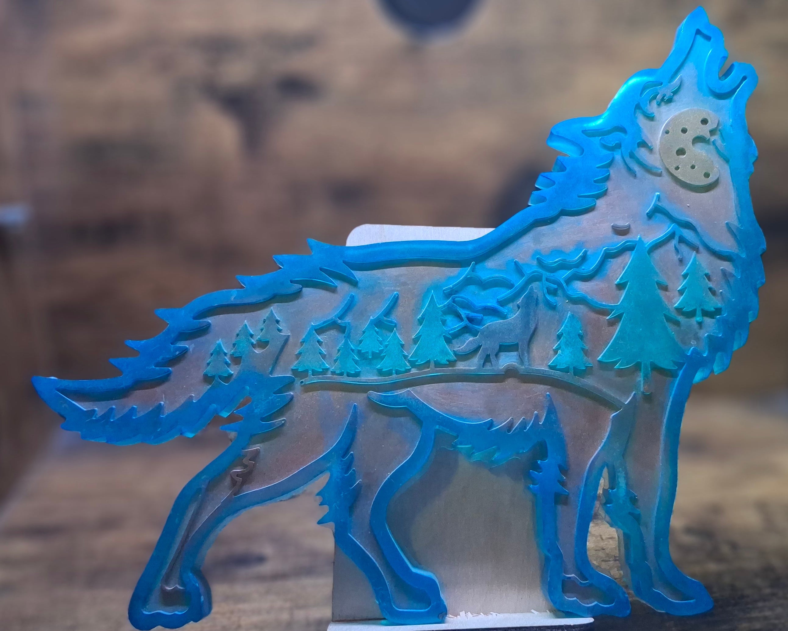 Blue, Green Trees & Gold Wolf Scene