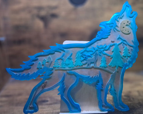 Blue, Green Trees & Gold Wolf Scene