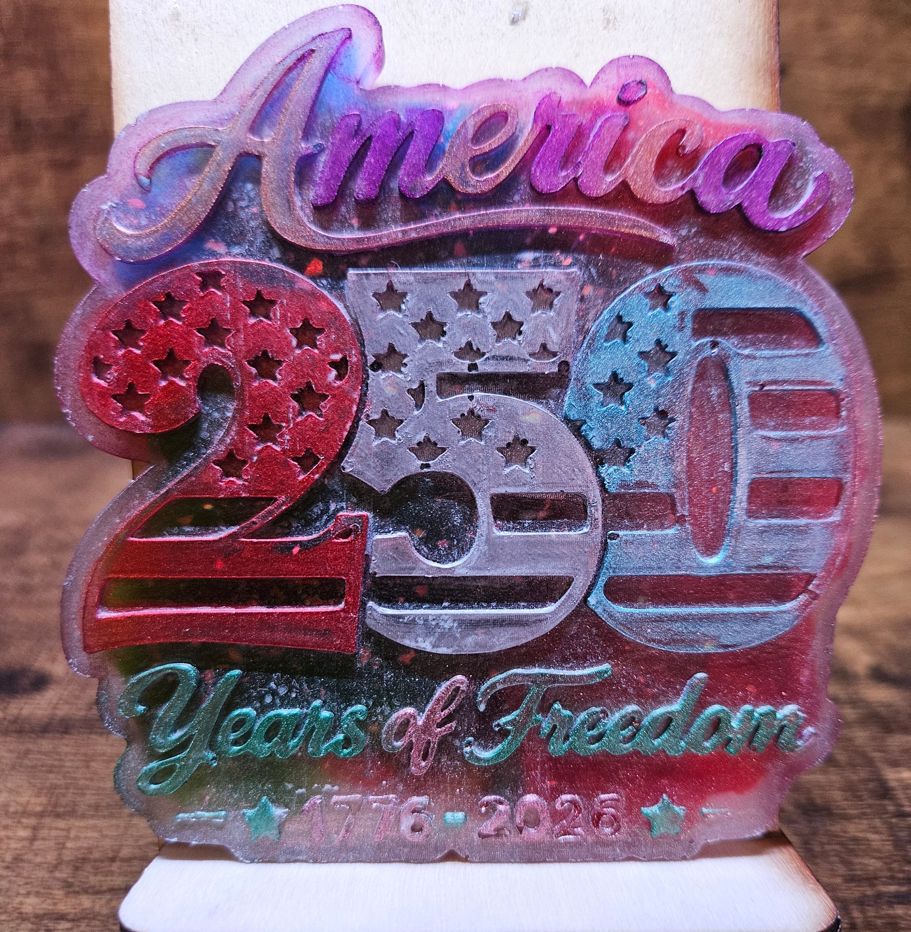 America 250 Years of Freedom Resin Wall Hanging — Purple, Red, Silver & Blue