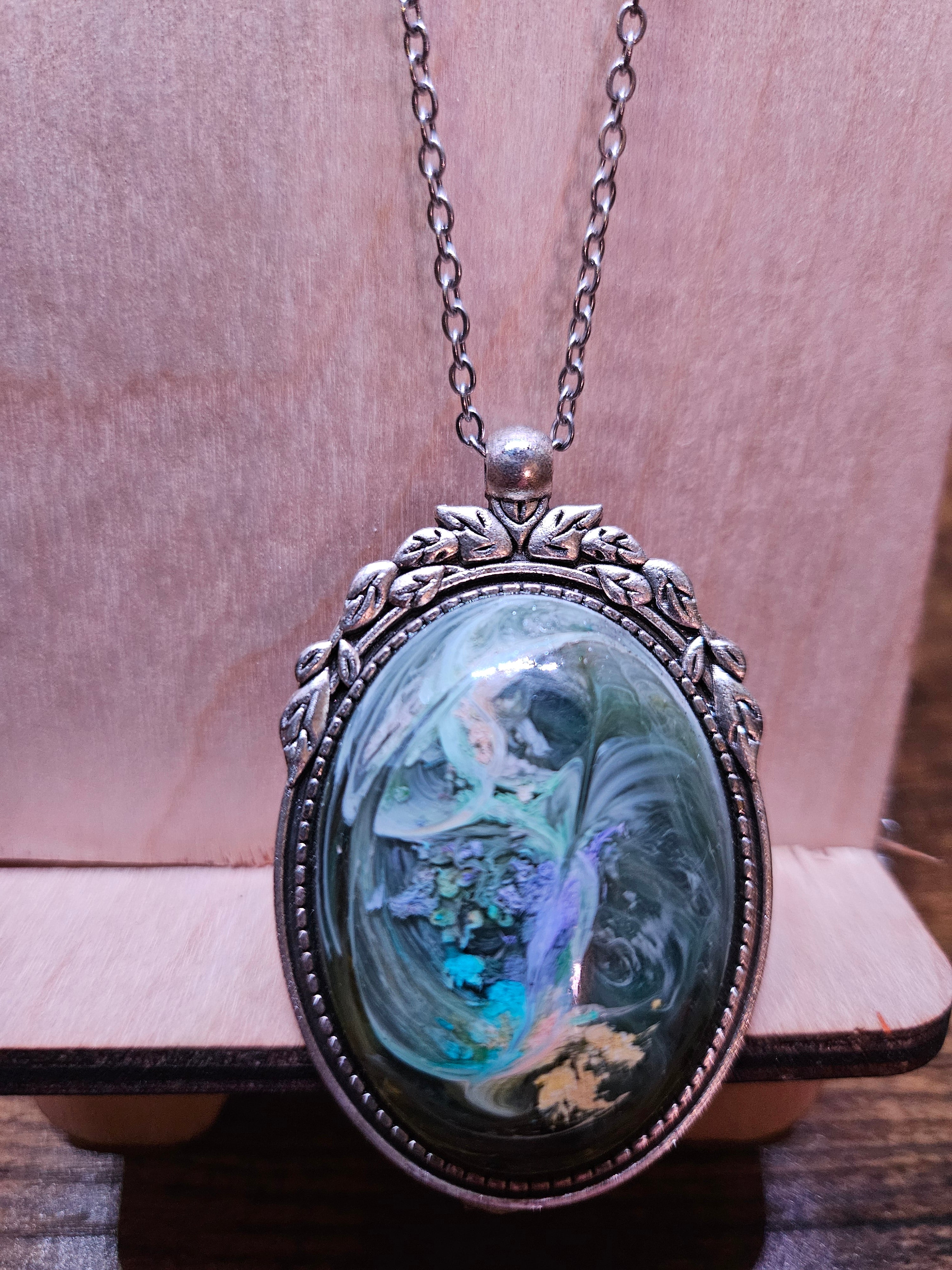 Purple & Pink Swirl Resin Necklace — Light Orange, Blue & Yellow Accents — Handmade Jewelry