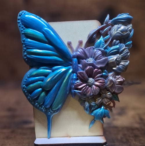 Blue, Green, Yellow & Gold Butterfly with Flowers