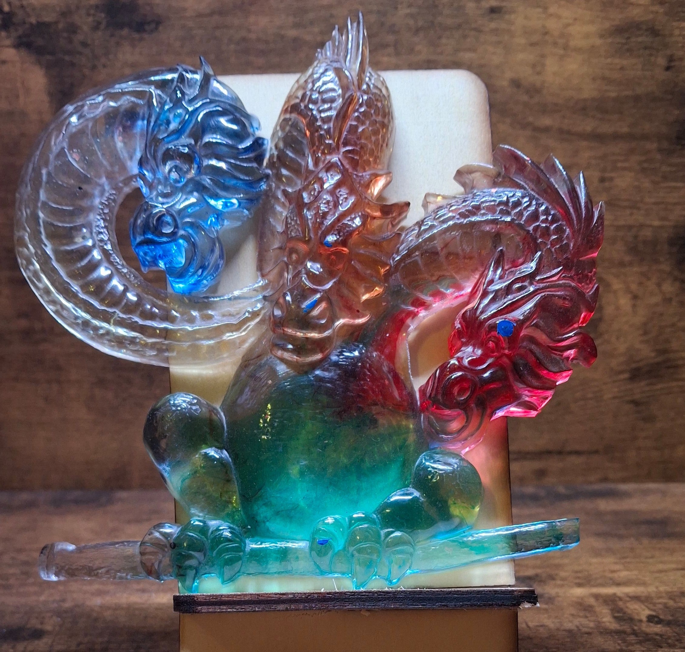 Clear, Red, Blue & Orange Three-Headed Dragon