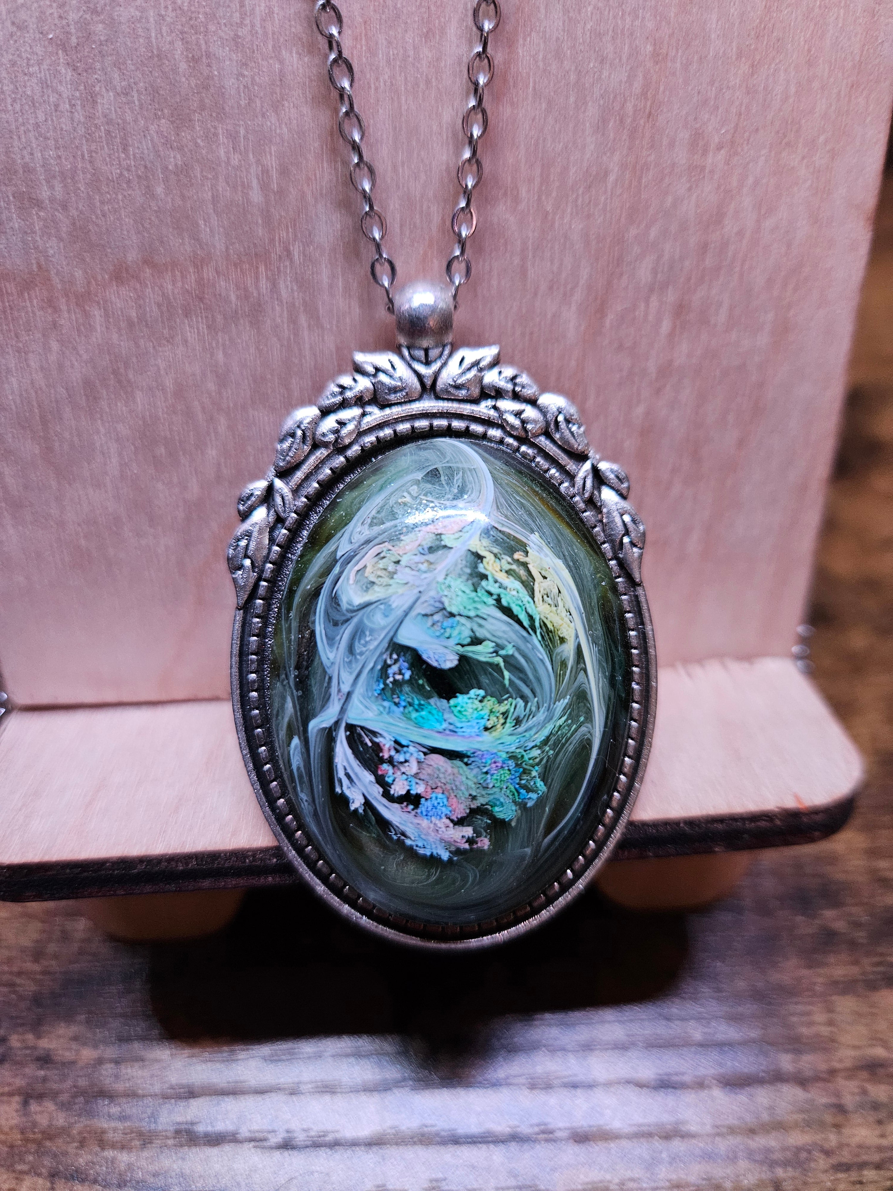 Pink & Yellow Swirl Resin Necklace — Blue & Green Accents — Handmade Jewelry