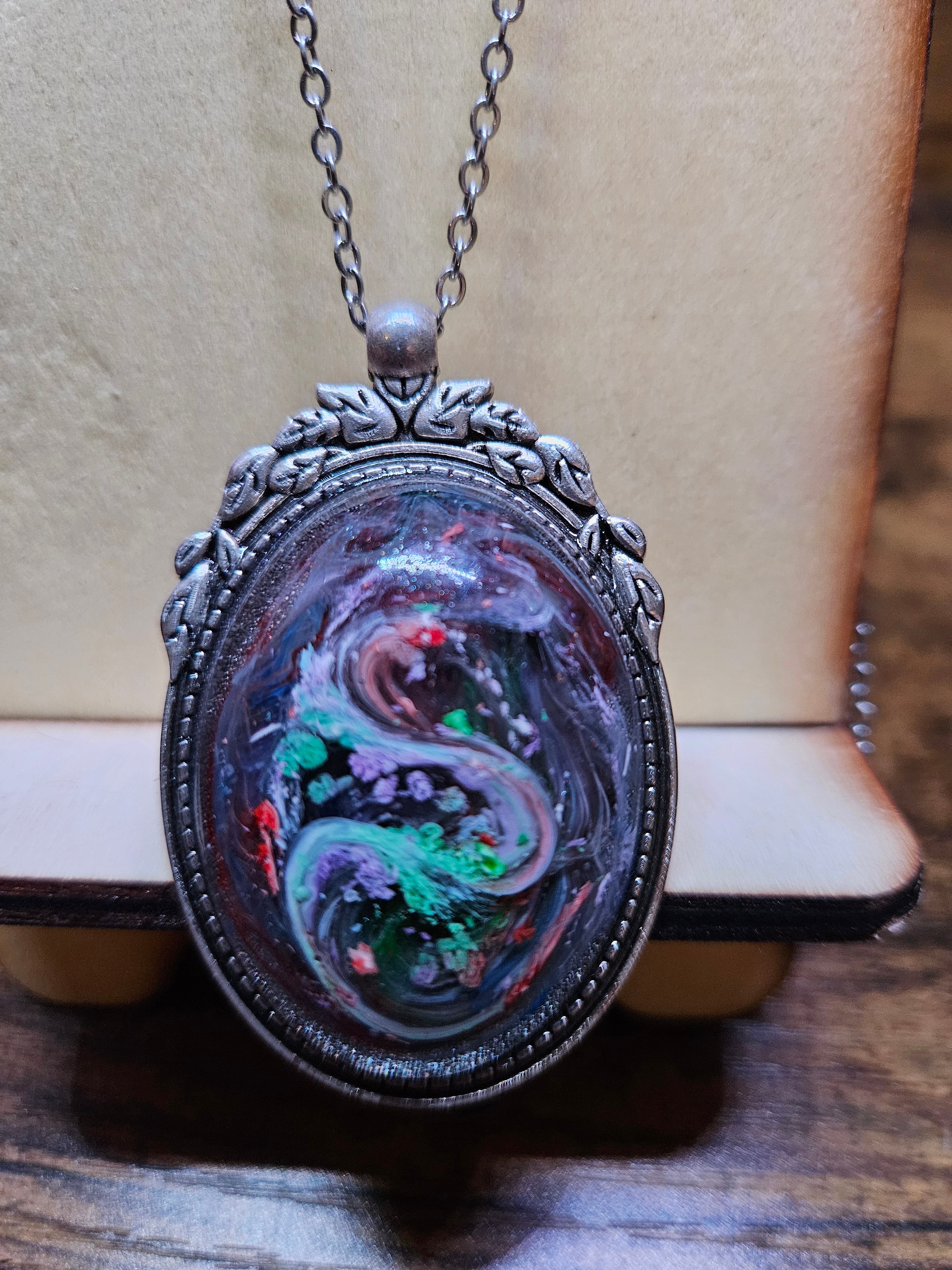 Dragon Swirl Resin Necklace — Pink, White, Orange & Green — Handmade Jewelry