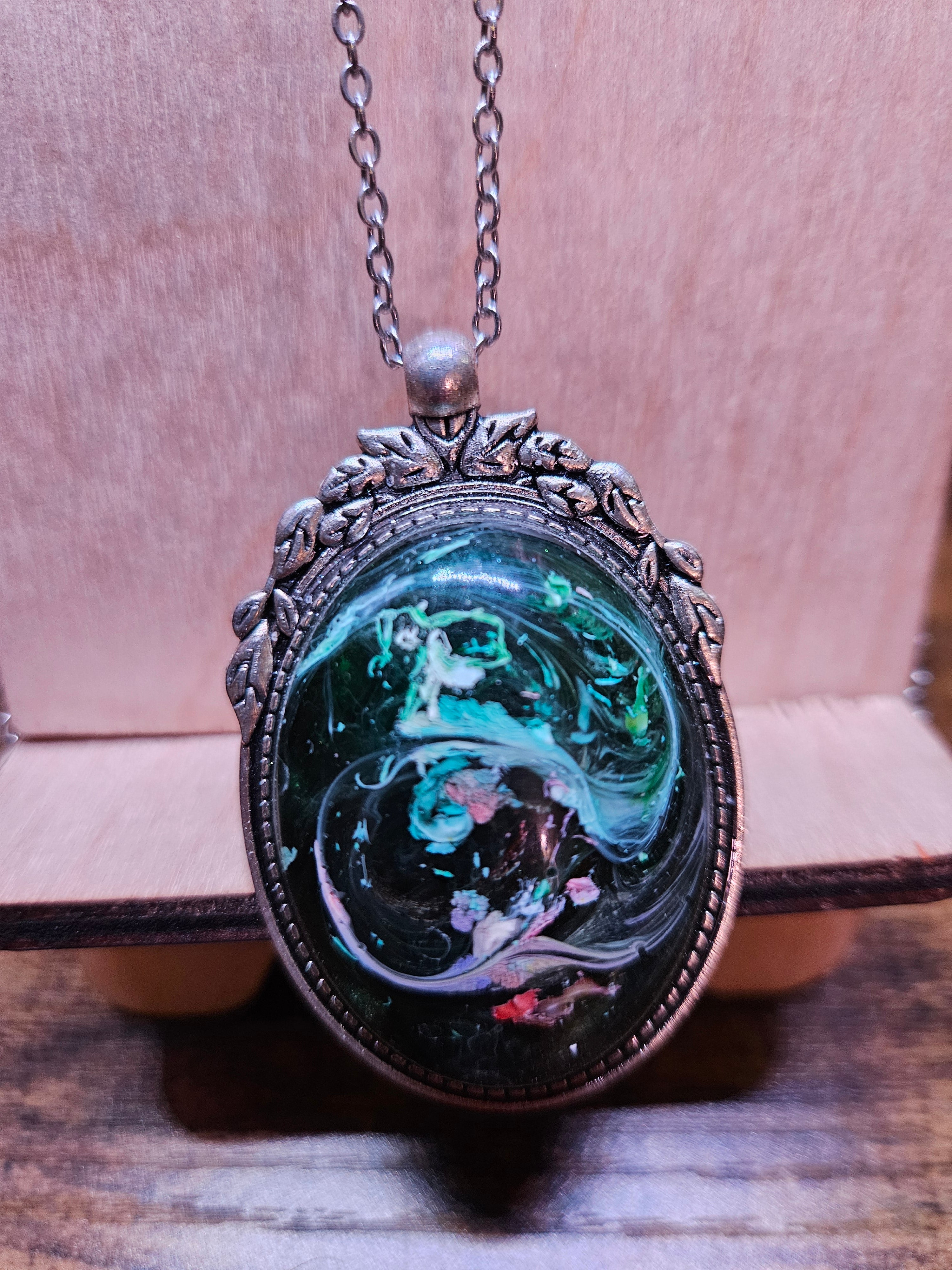 Green & Pink Swirl Resin Necklace — Orange, Blue & White Accents — Handmade Jewelry
