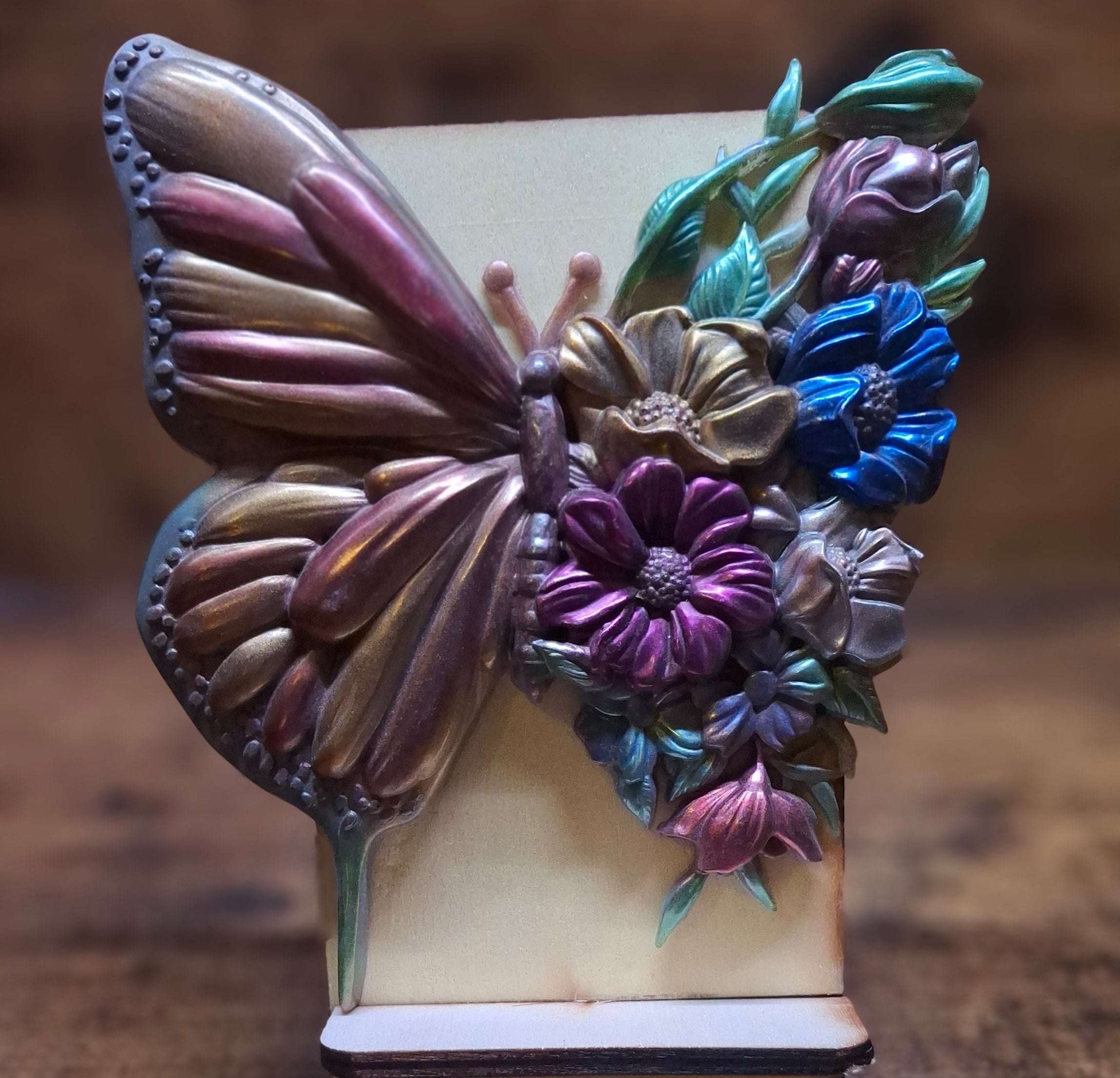 Gold, Yellow, Pink, Blue & Green Butterfly with Flowers