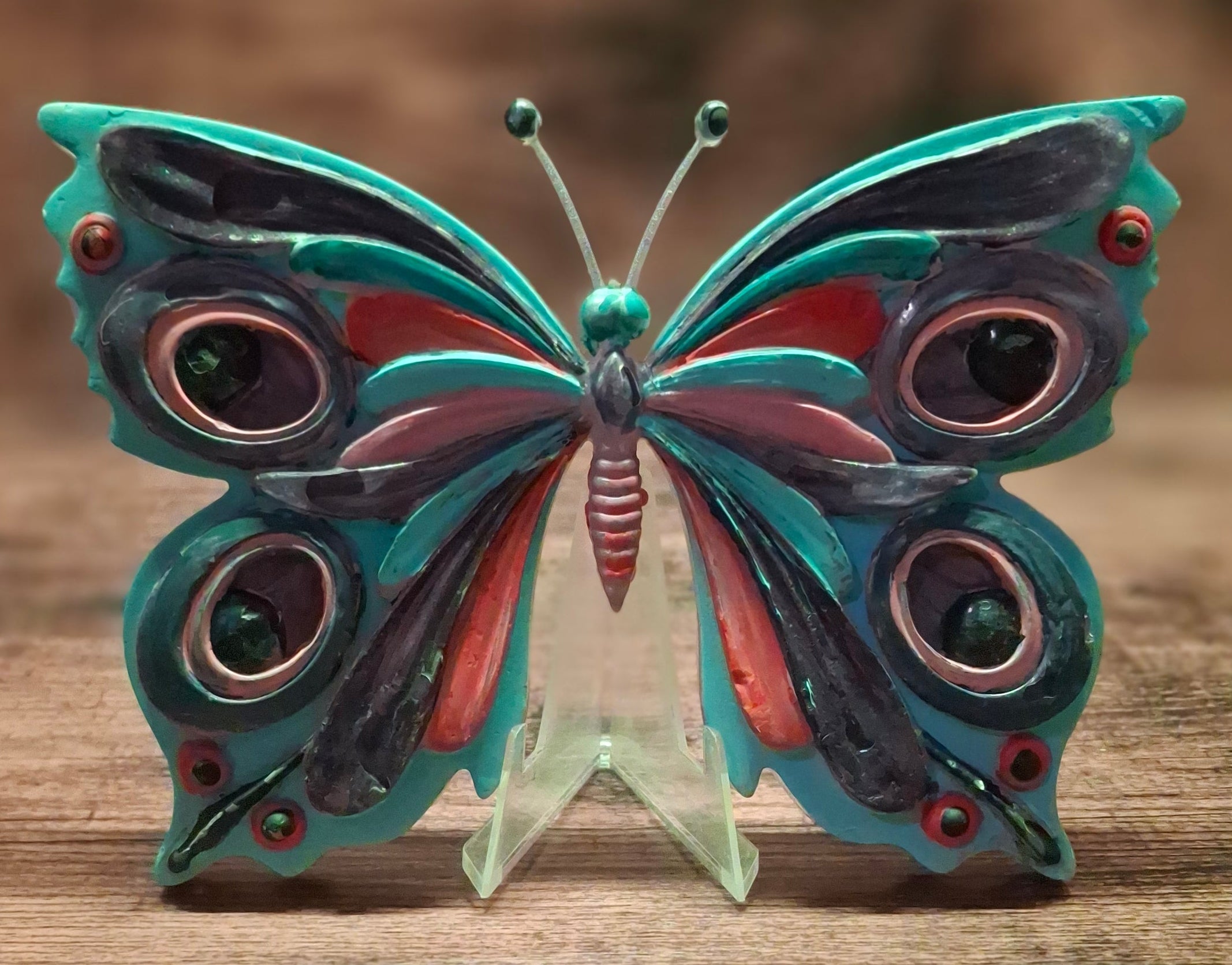 Painted Pink, Green, Purple & Blue Butterfly with Eye