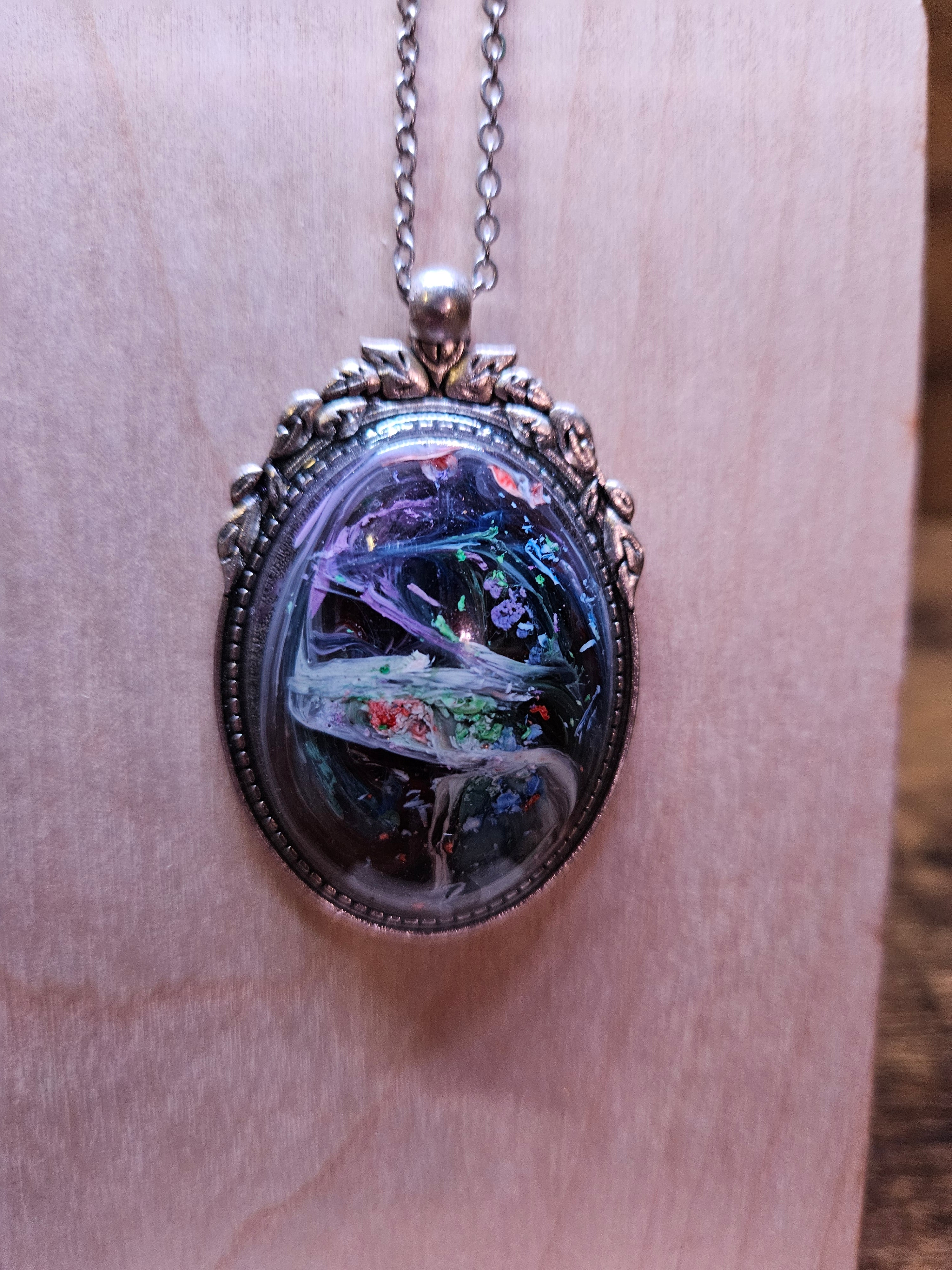 Midnight Stream Resin Necklace — White, Pink, Orange, Purple & Red — Handmade Jewelry