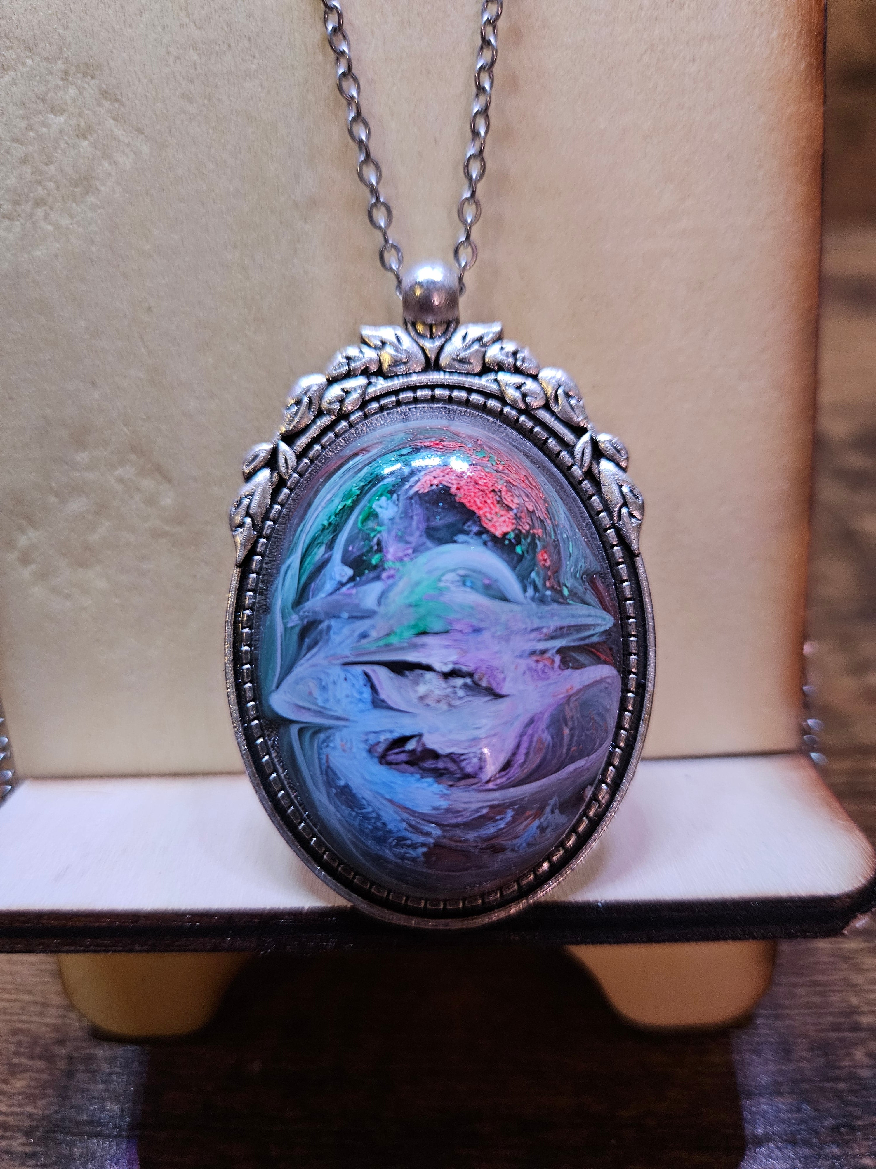 Saturn Swirl Resin Necklace — Orange, Purple, Green & Blue — Handmade Jewelry