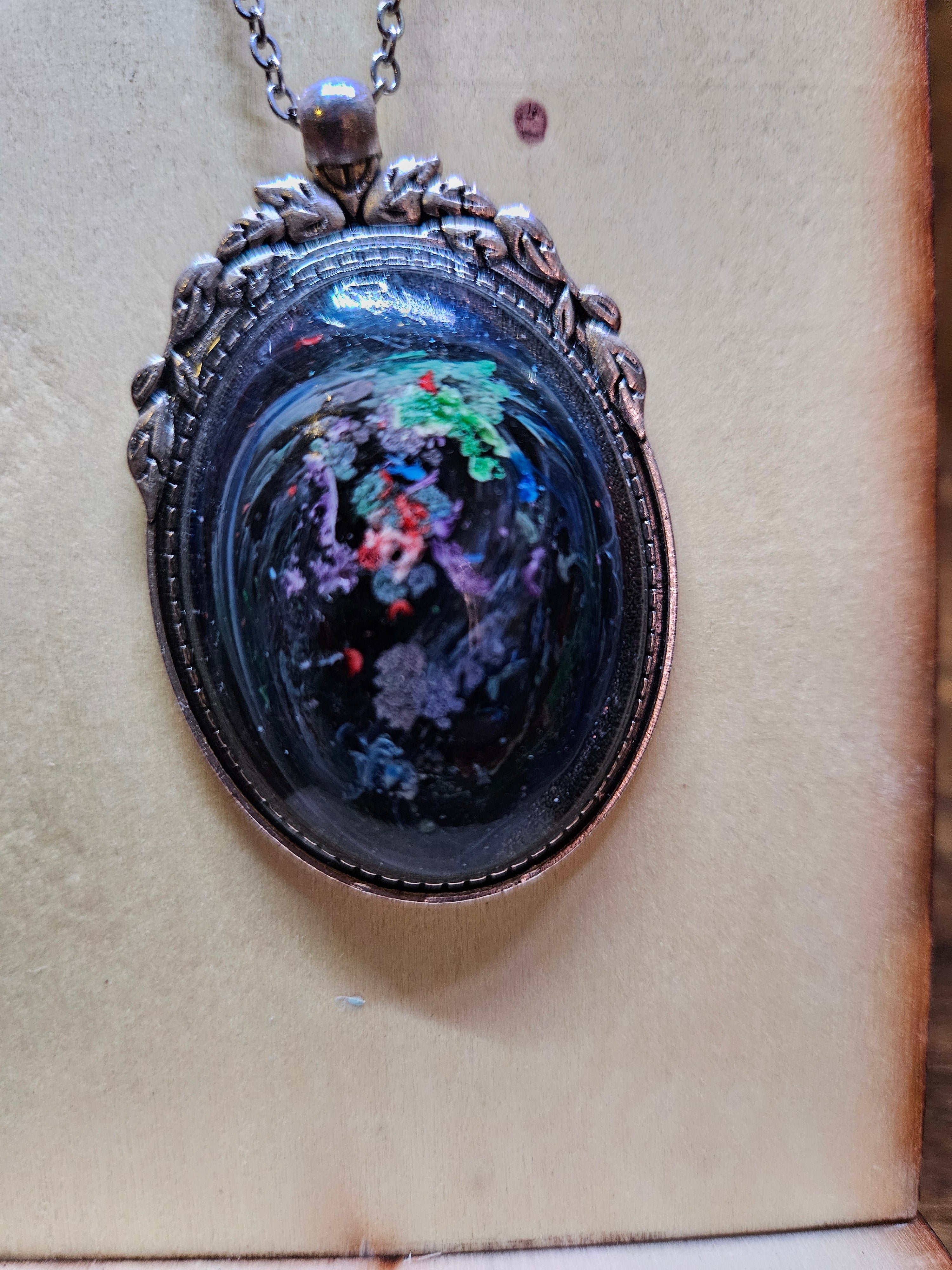 Dark Blue & Red Swirl Resin Necklace — Pink, Orange & Green Accents — Handmade Jewelry